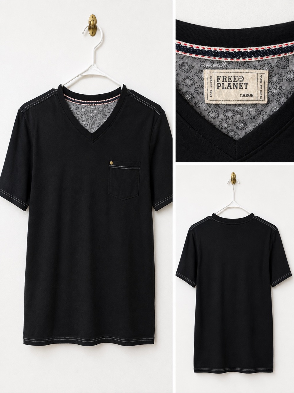 ⭐️3/$20 Free Planet Men's Black V-Neck Pocket Tee with Contrast Stitching
